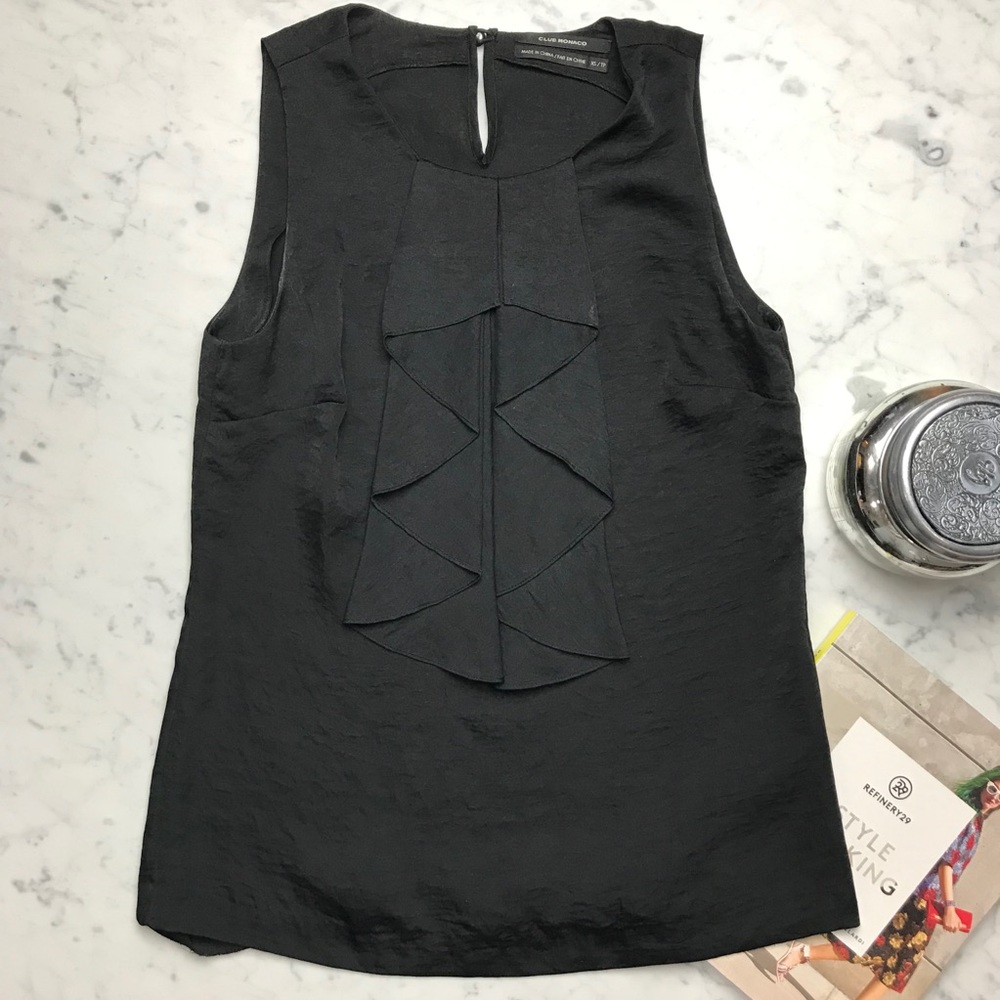 Club Monaco Black Ruffle Front Sleeveless Shell